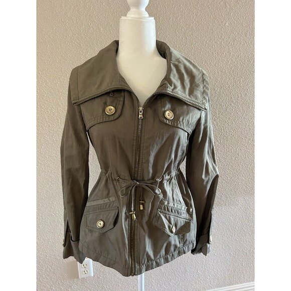 GUESS Women’s Size SM Military Green Trench Rain Coat Jacket Gold Draw String - Picture 1 of 7